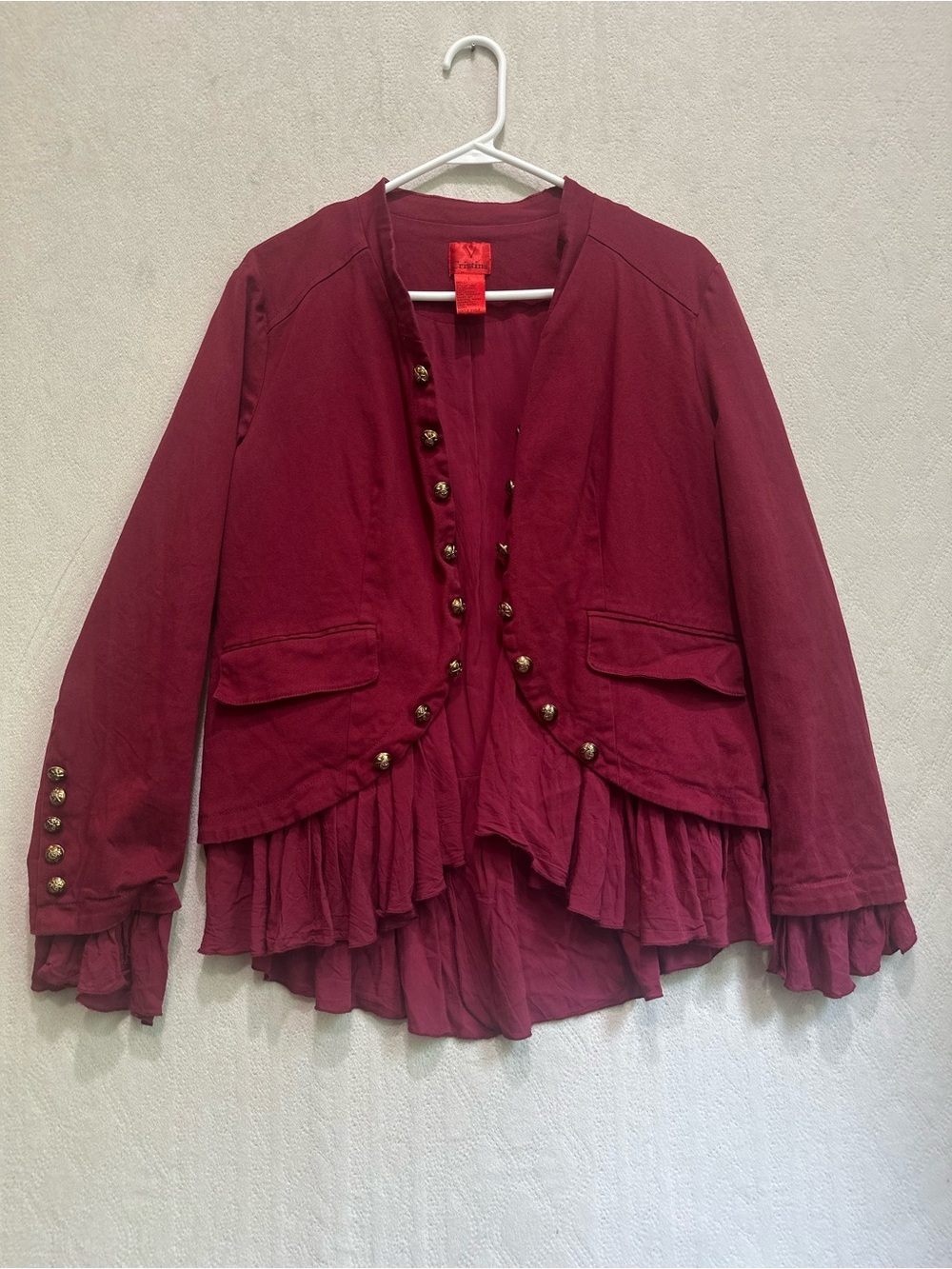 V Christina Military Ruffled Boho Button-Front Blazer Deep Red Sz L